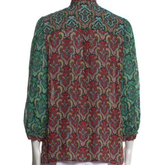 Alice Olivia Top M Sheila Blouson Tie Neck Bow Paisely Boho 3/4 Slv Career Sheer - Picture 4 of 5